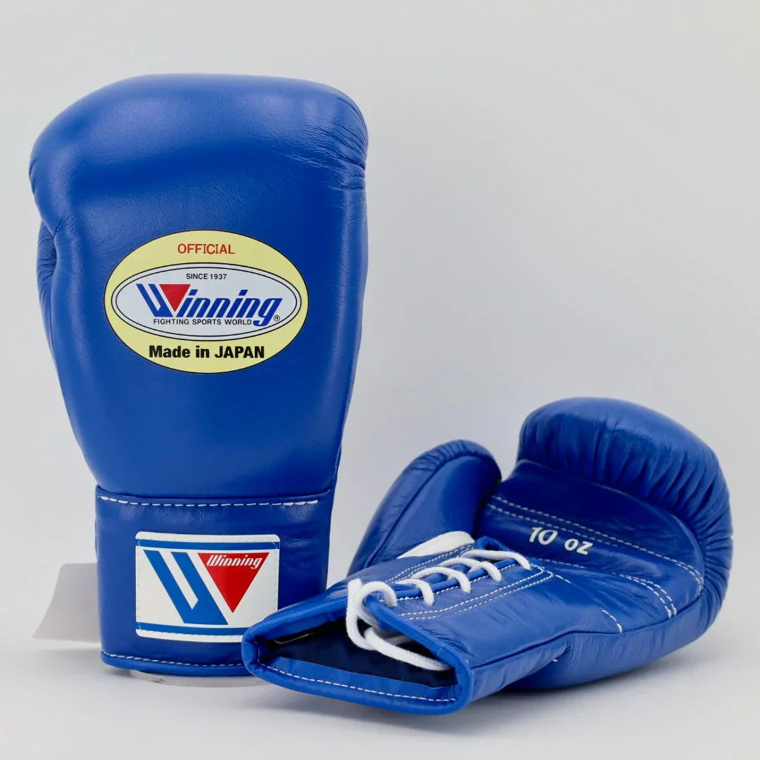Winning Blue Lace-Up Boxing Gloves (Japanese Logo) Front Back View